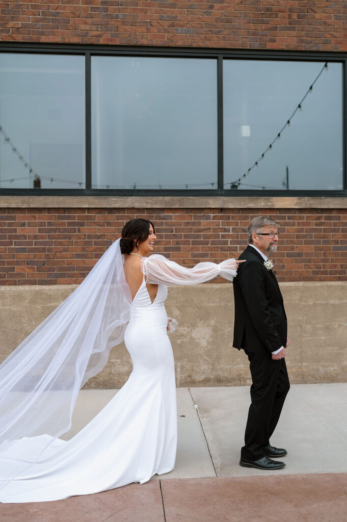 Father Daughter First Look at Harvester Square St Cloud Minnesota Wedding venue