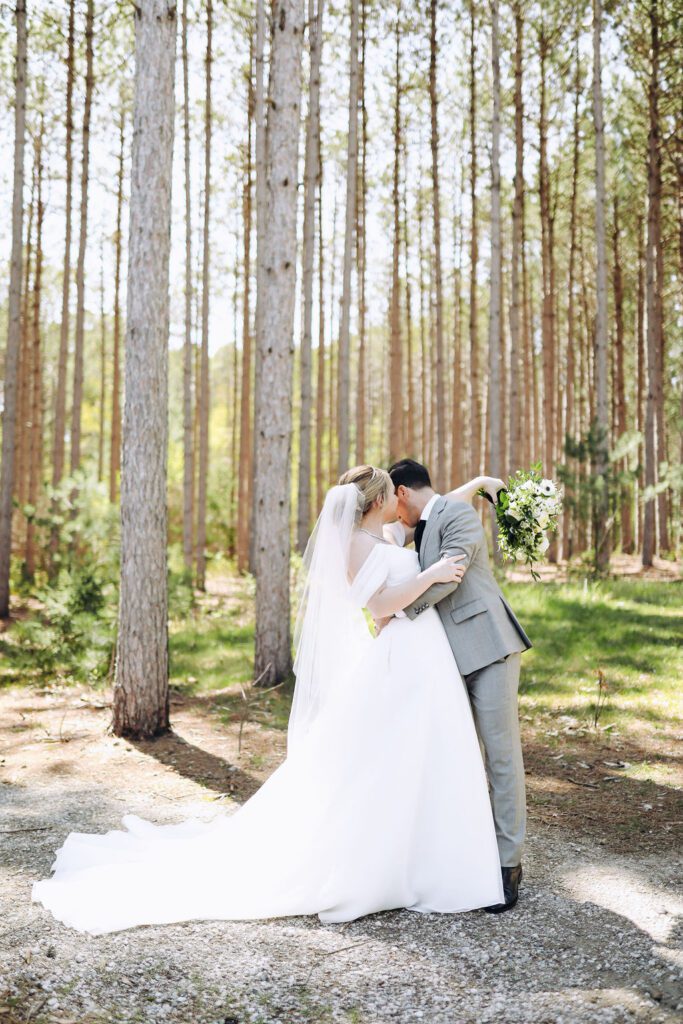 Bride and groom outside at pinewood wedding venue