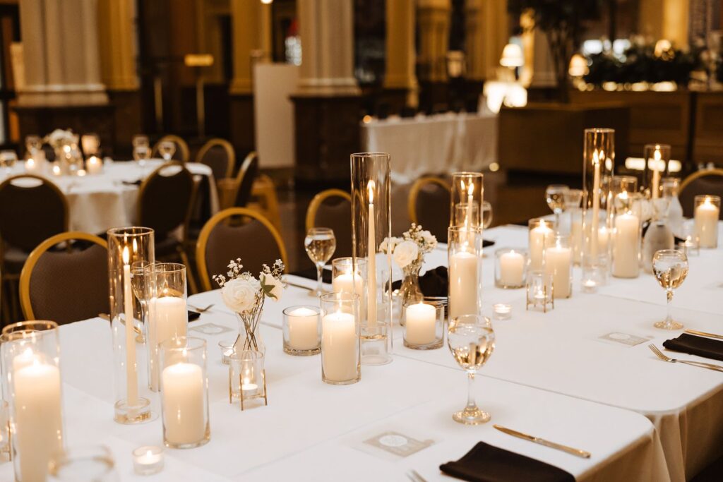 Head table decor at Landmark Center wedding venue in St Paul Minnesota