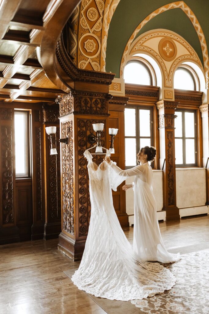 Bride and wedding dress at Landmark Center in St Paul Minnesota