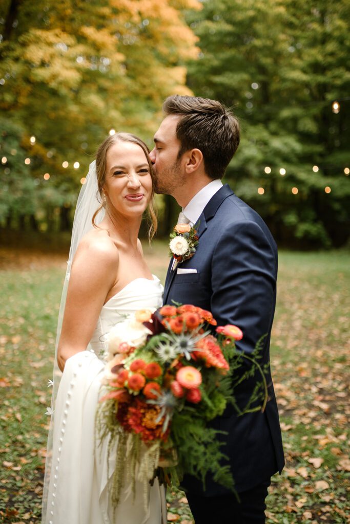 Bride and groom at Camp Fire Minnesota wedding venue