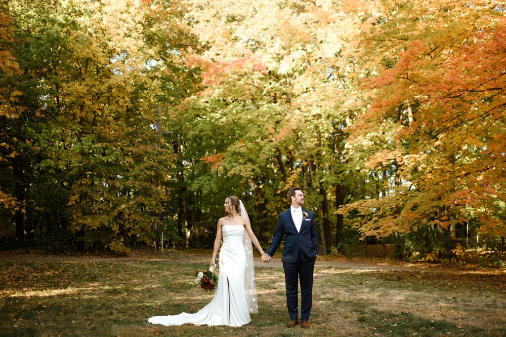 Bride and groom at Camp Fire Minnesota wedding venue