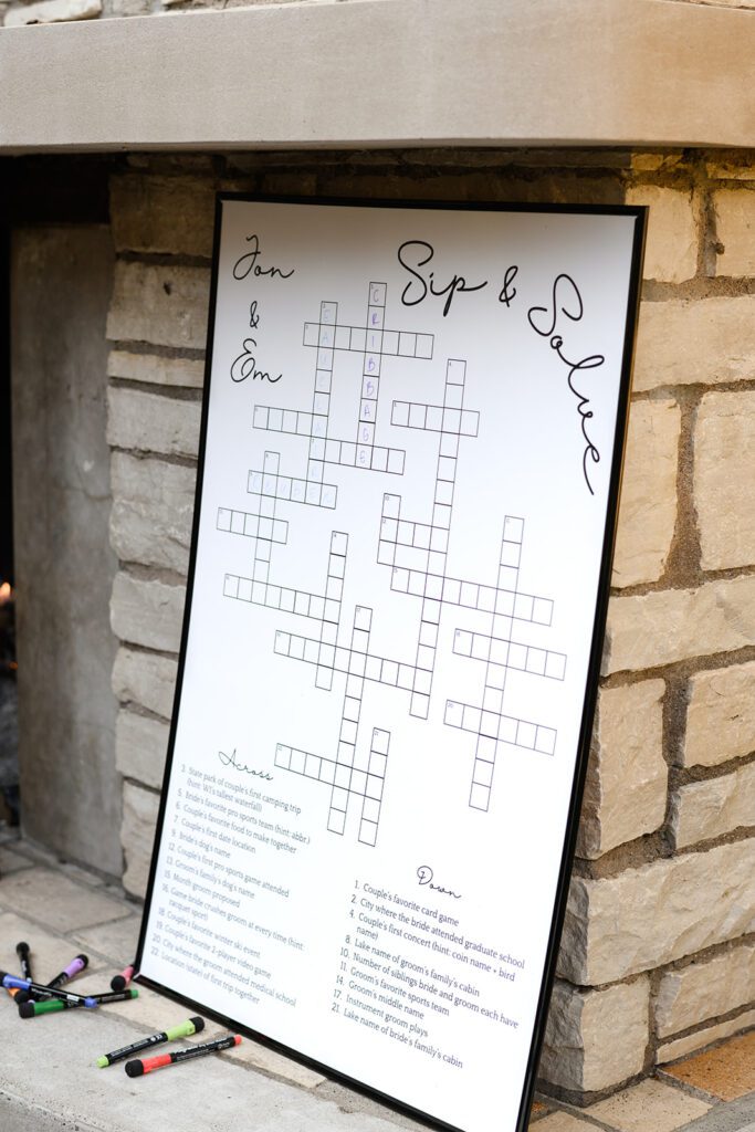 Sip and solve game at Camp Fire Minnesota wedding venue