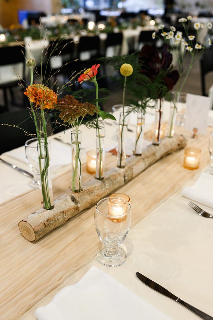 Table decor at Camp Fire Minnesota wedding venue