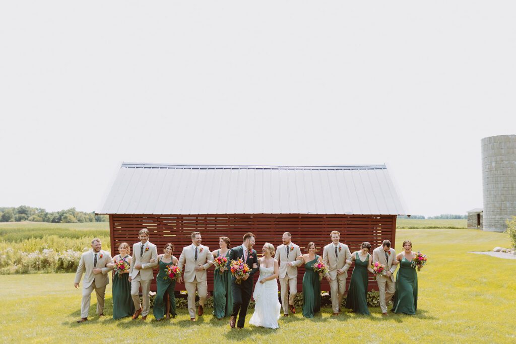 Wedding party at Pondview Farm wedding venue in Cambridge Minnesota