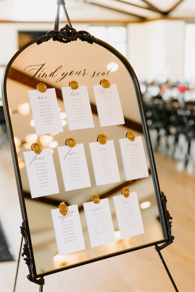 Seating chart at Belle Ame Vineyard wedding venue in River Falls Wisconsin
